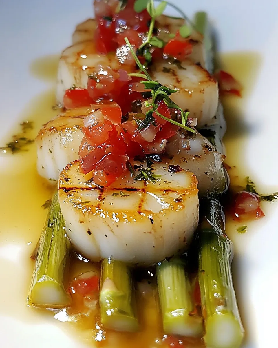 White Asparagus Seared Scallops in Tomato Tarragon Vinaigrette