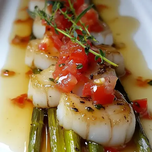 White Asparagus Seared Scallops in Tomato Tarragon Vinaigrette