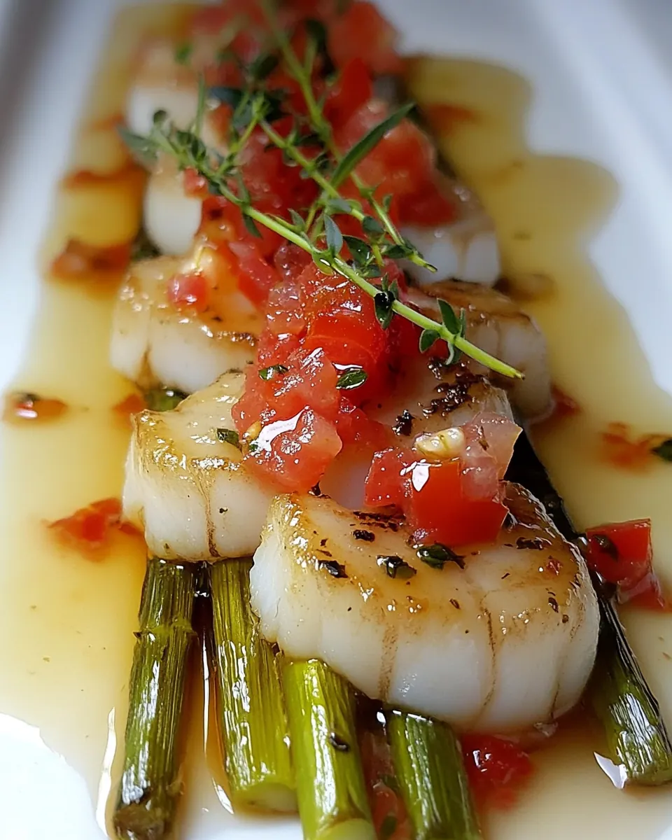 White Asparagus Seared Scallops in Tomato Tarragon Vinaigrette